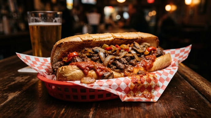 A cheesesteak with peppers, mushrooms, and onions on a roll.