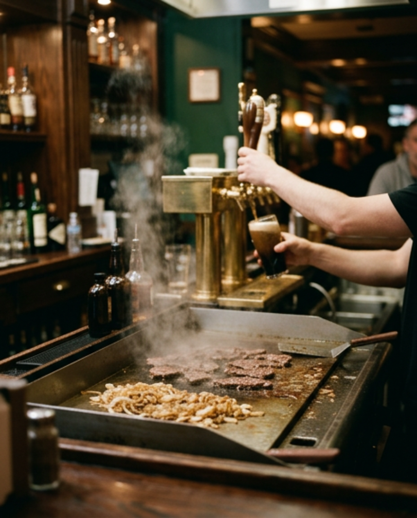 A cook tends the flat-top grill while a bartender pours a draft beer.