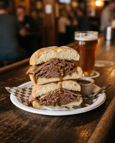 Hot roast beef piled on a sandwich roll, served with gravy and a pint of beer.