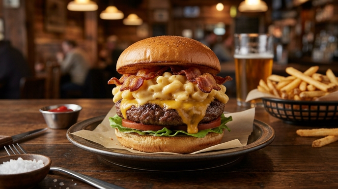 A cheeseburger topped with macaroni and cheese and bacon, with fries on the side.
